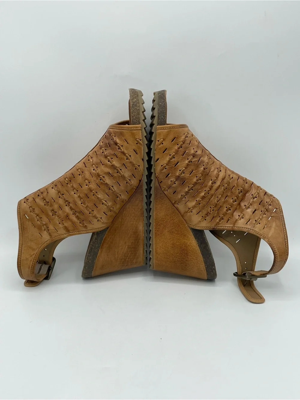 Diba True Need Be Tan Distressed Boho Perforated Leather Wedge Sandals.
